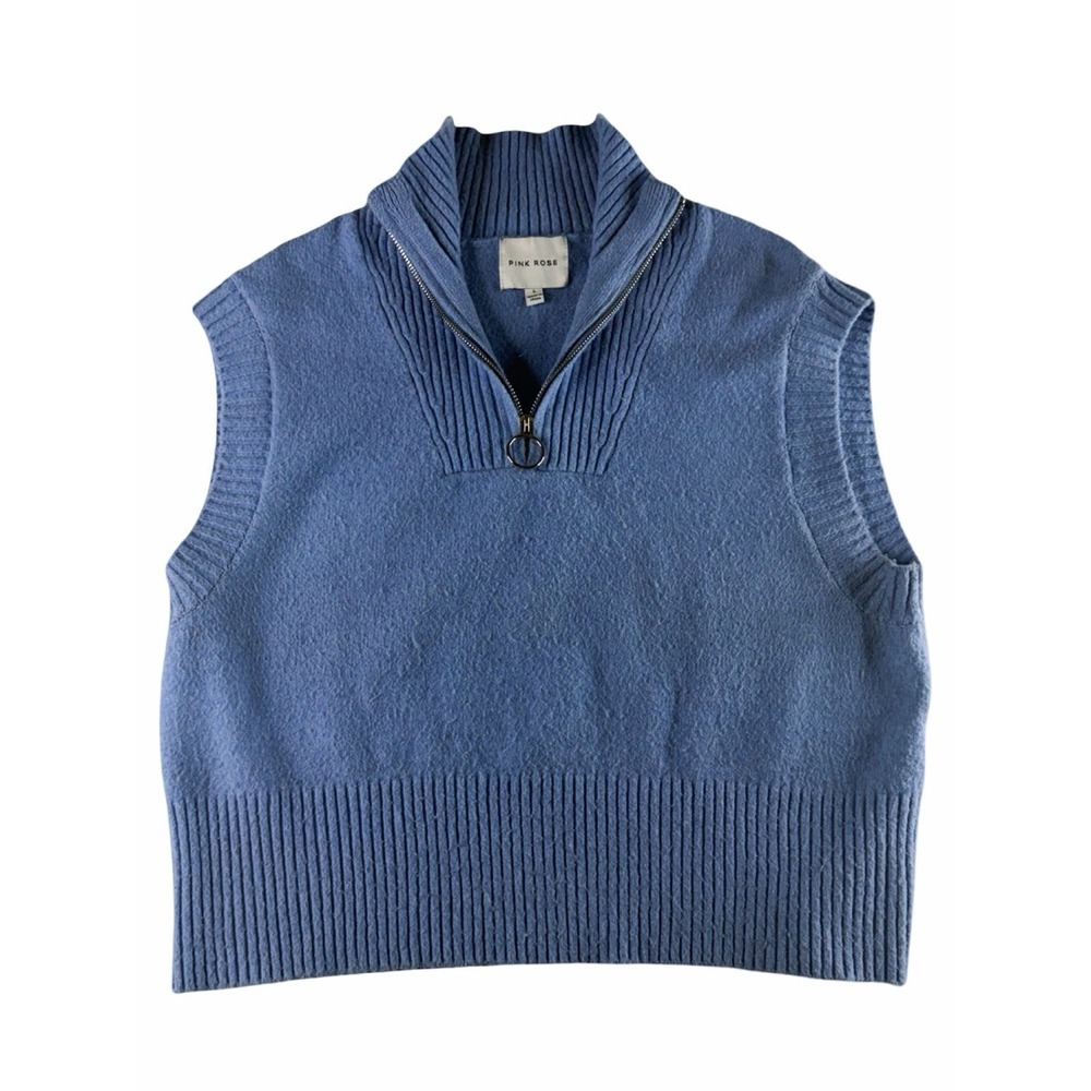 Pink Rose Blue Sweater Vest L Quarter Zip Ribbed Collar Soft Cozy Preppy Casual